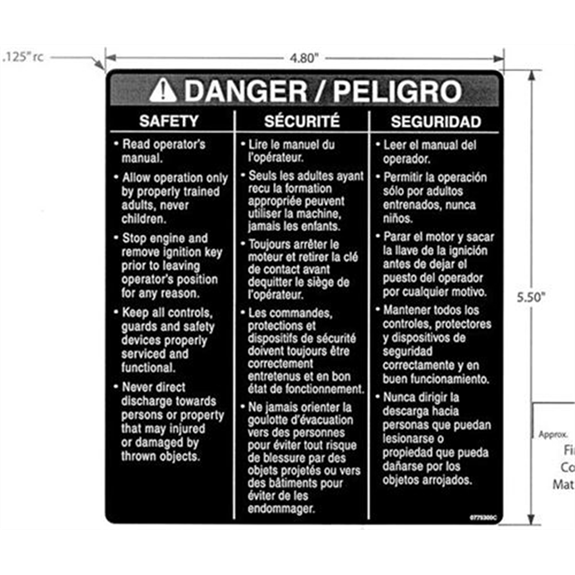 Ariens Sno-thro Decal, Danger Chute Ariens Sno-thro Decal, Danger Chute